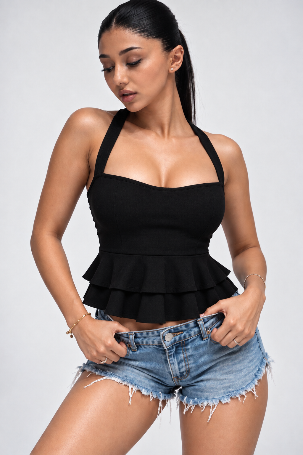Halterneck Double Peplum Tank - Black