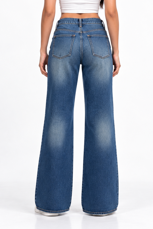 THOT Women's Wide Leg Navy Acidwash Premium Denim Jeans