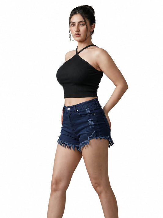 Women's Black Ribbed Cross Halter Neck Tank Top