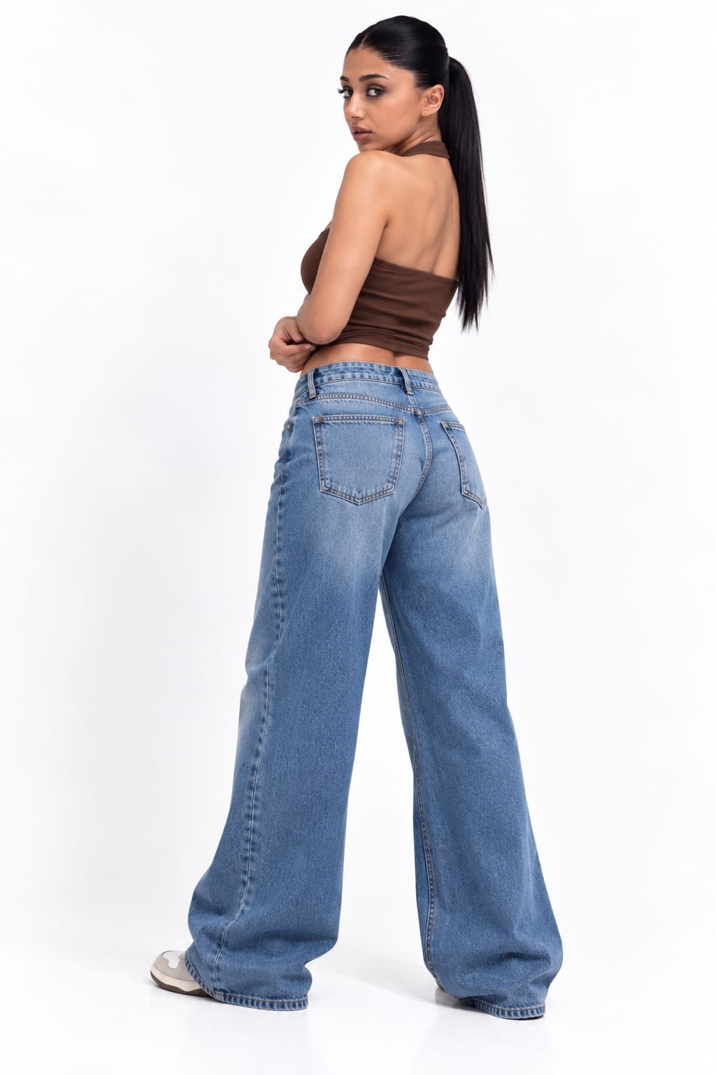 THOT Women's Wide Leg Blue Acidwash Premium Denim Jeans