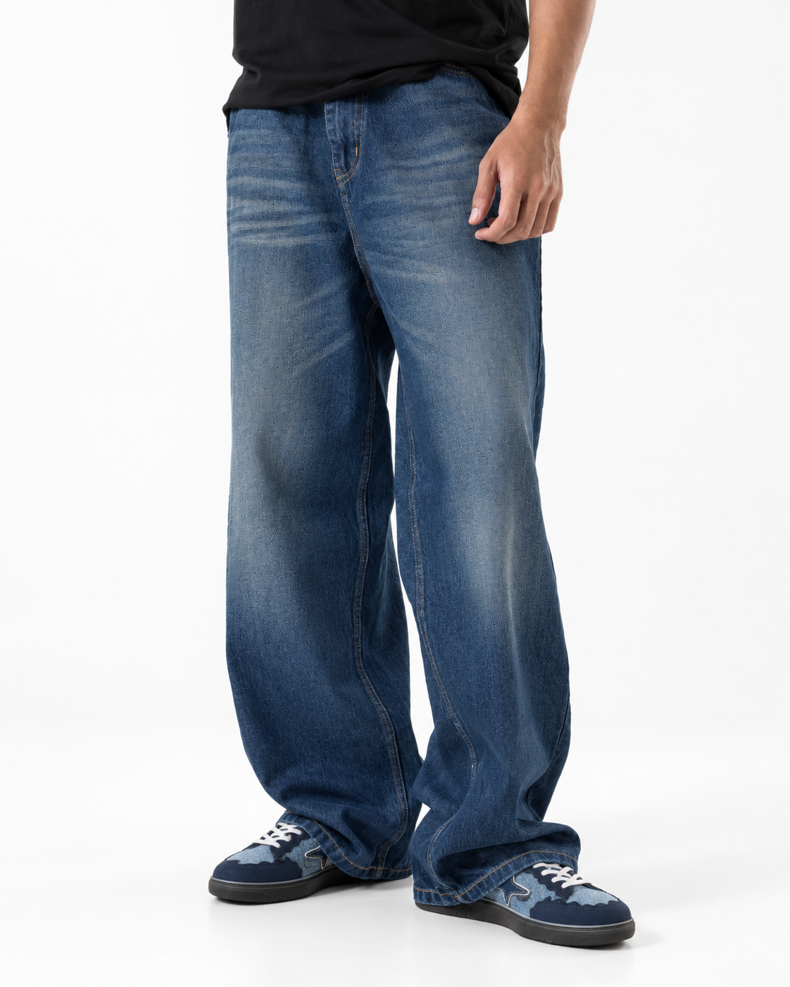 THOT Men's Wide Leg Navy Acidwash Premium Denim Jeans