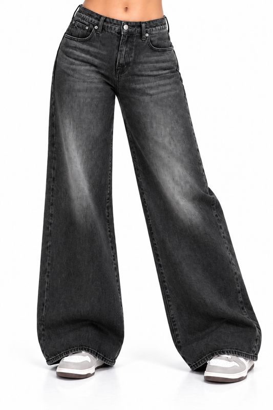 THOT Women's Wide Leg Black Acidwash Premium Denim Jeans