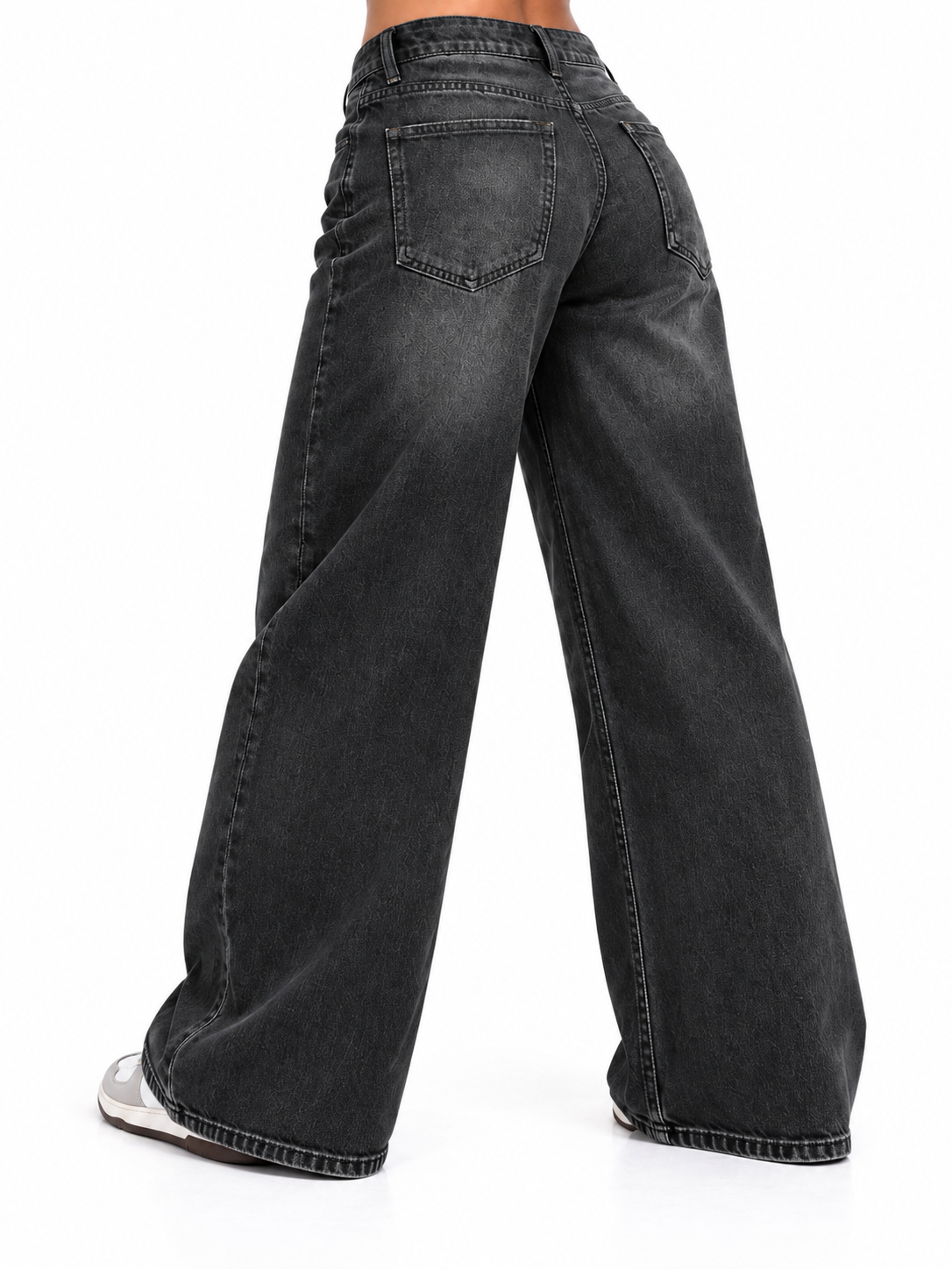 THOT Women's Wide Leg Black Acidwash Premium Denim Jeans