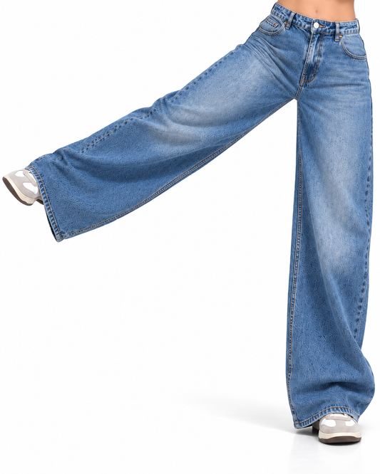 THOT Women's Wide Leg Blue Acidwash Premium Denim Jeans