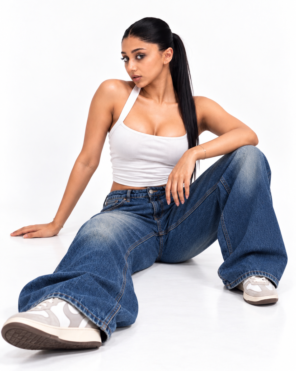 THOT Women's Wide Leg Navy Acidwash Premium Denim Jeans