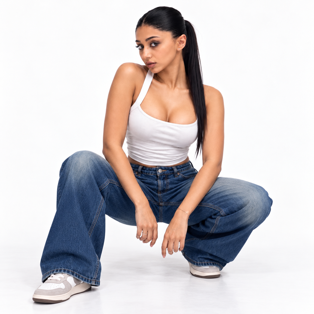 THOT Women's Wide Leg Navy Acidwash Premium Denim Jeans