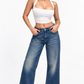 THOT Women's Wide Leg Navy Acidwash Premium Denim Jeans