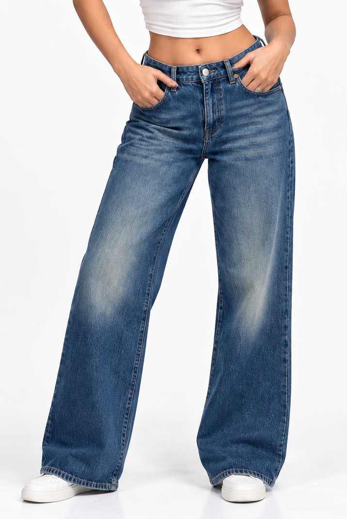THOT Women's Wide Leg Navy Acidwash Premium Denim Jeans