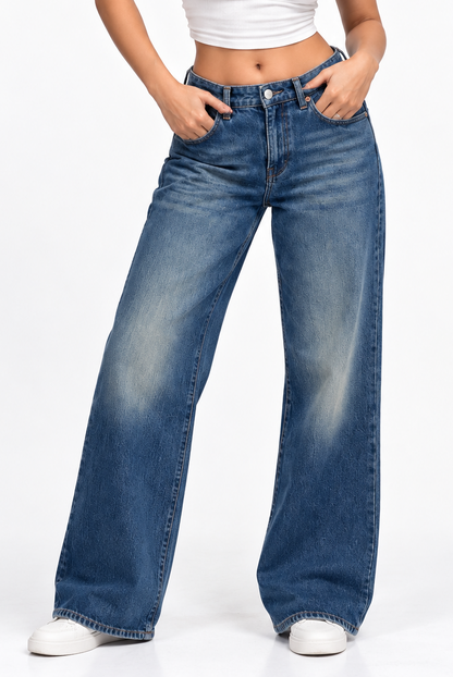 THOT Women's Wide Leg Navy Acidwash Premium Denim Jeans
