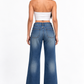 THOT Women's Wide Leg Navy Acidwash Premium Denim Jeans