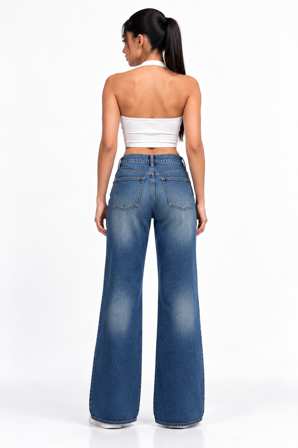 THOT Women's Wide Leg Navy Acidwash Premium Denim Jeans