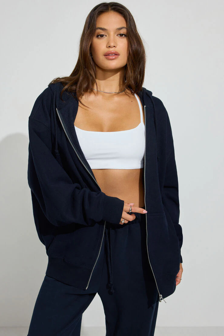 Navy Blue Zipper Hoodie Solid