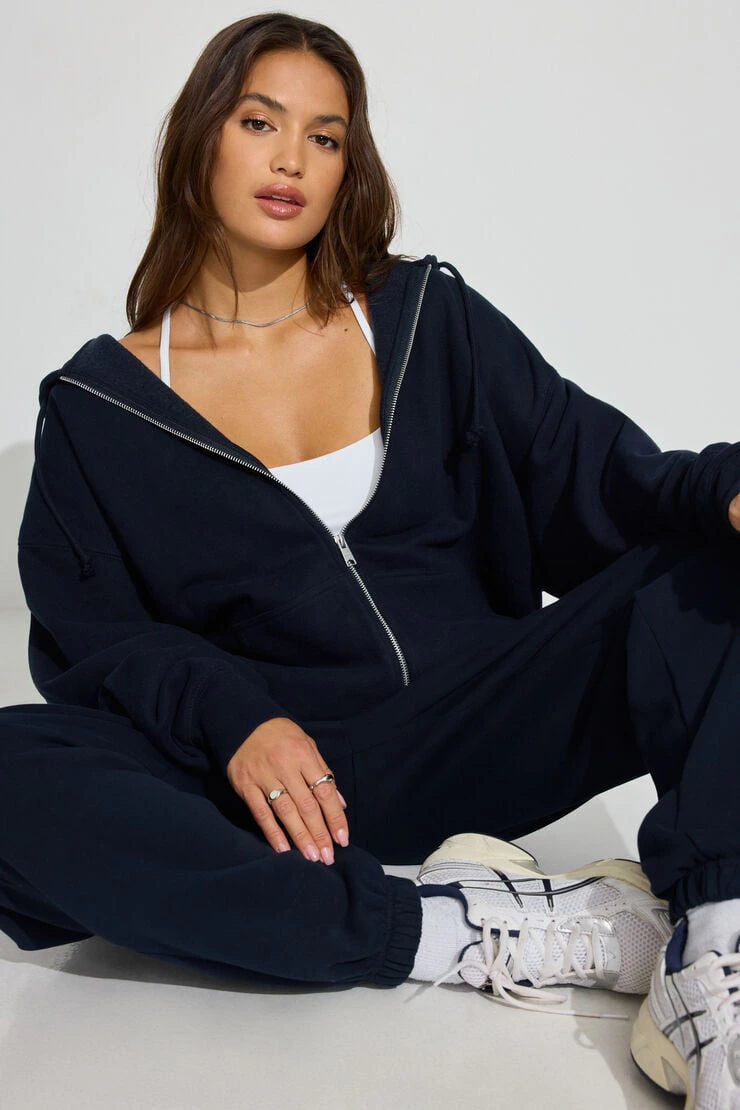 Navy Blue Zipper Hoodie Solid