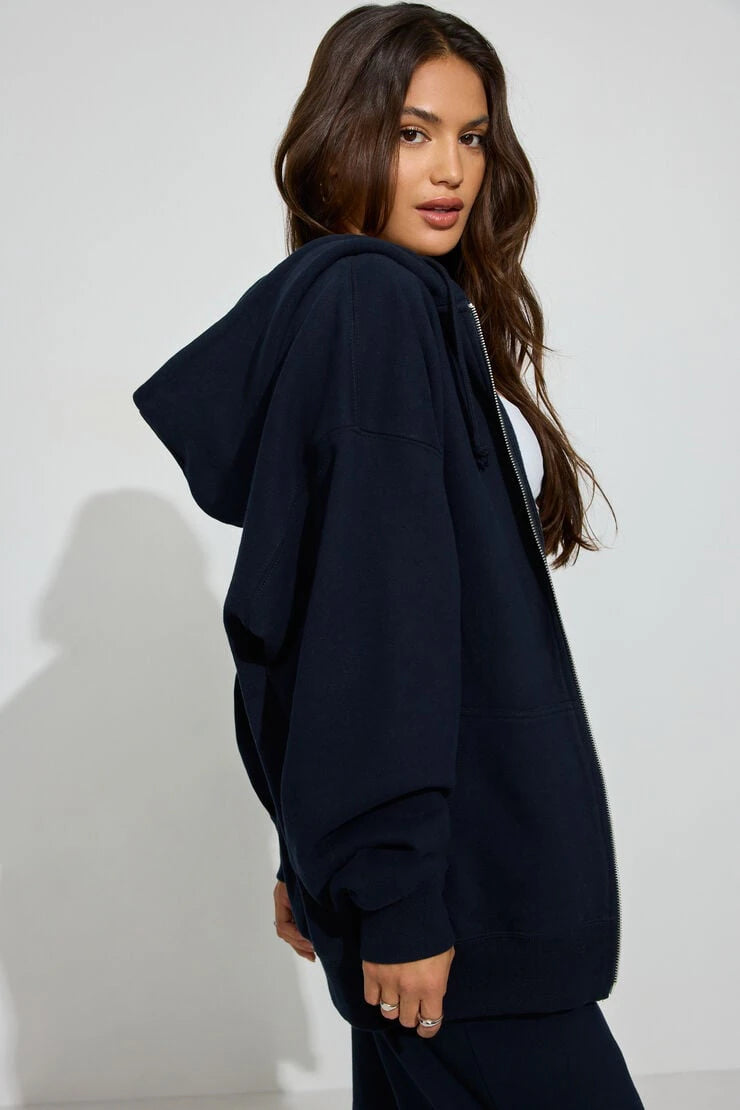 Navy Blue Zipper Hoodie Solid