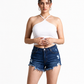 Women's White Ribbed Cross Halter Neck Tank Top