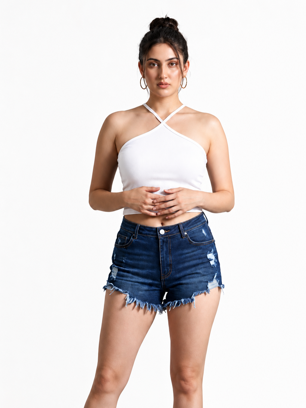 Women's White Ribbed Cross Halter Neck Tank Top