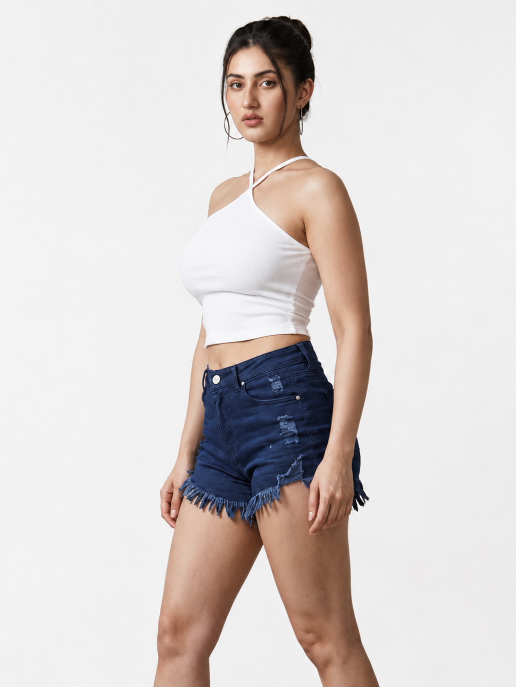 Women's White Ribbed Cross Halter Neck Tank Top