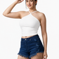 Women's White Ribbed Cross Halter Neck Tank Top