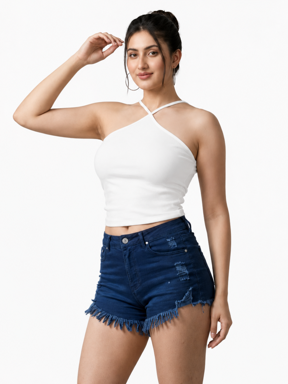 Women's White Ribbed Cross Halter Neck Tank Top