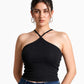 Women's Black Ribbed Cross Halter Neck Tank Top