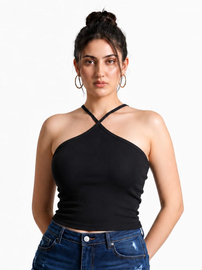 Women's Black Ribbed Cross Halter Neck Tank Top