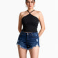 Women's Black Ribbed Cross Halter Neck Tank Top