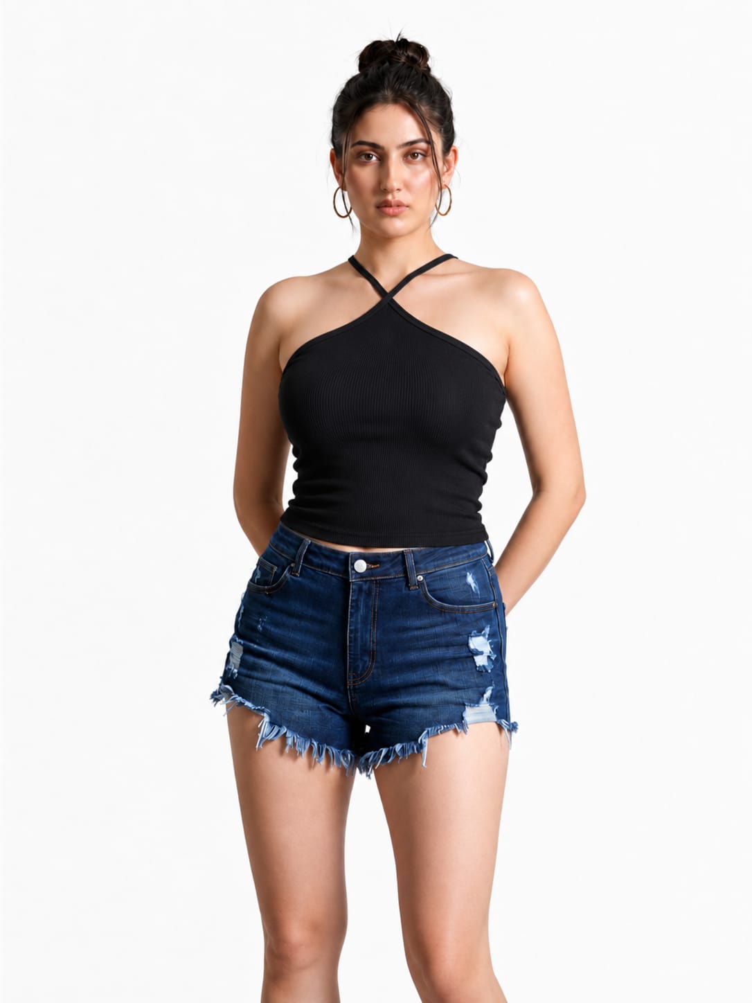 Women's Black Ribbed Cross Halter Neck Tank Top