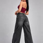 THOT Women's Wide Leg Black Acidwash Premium Denim Jeans