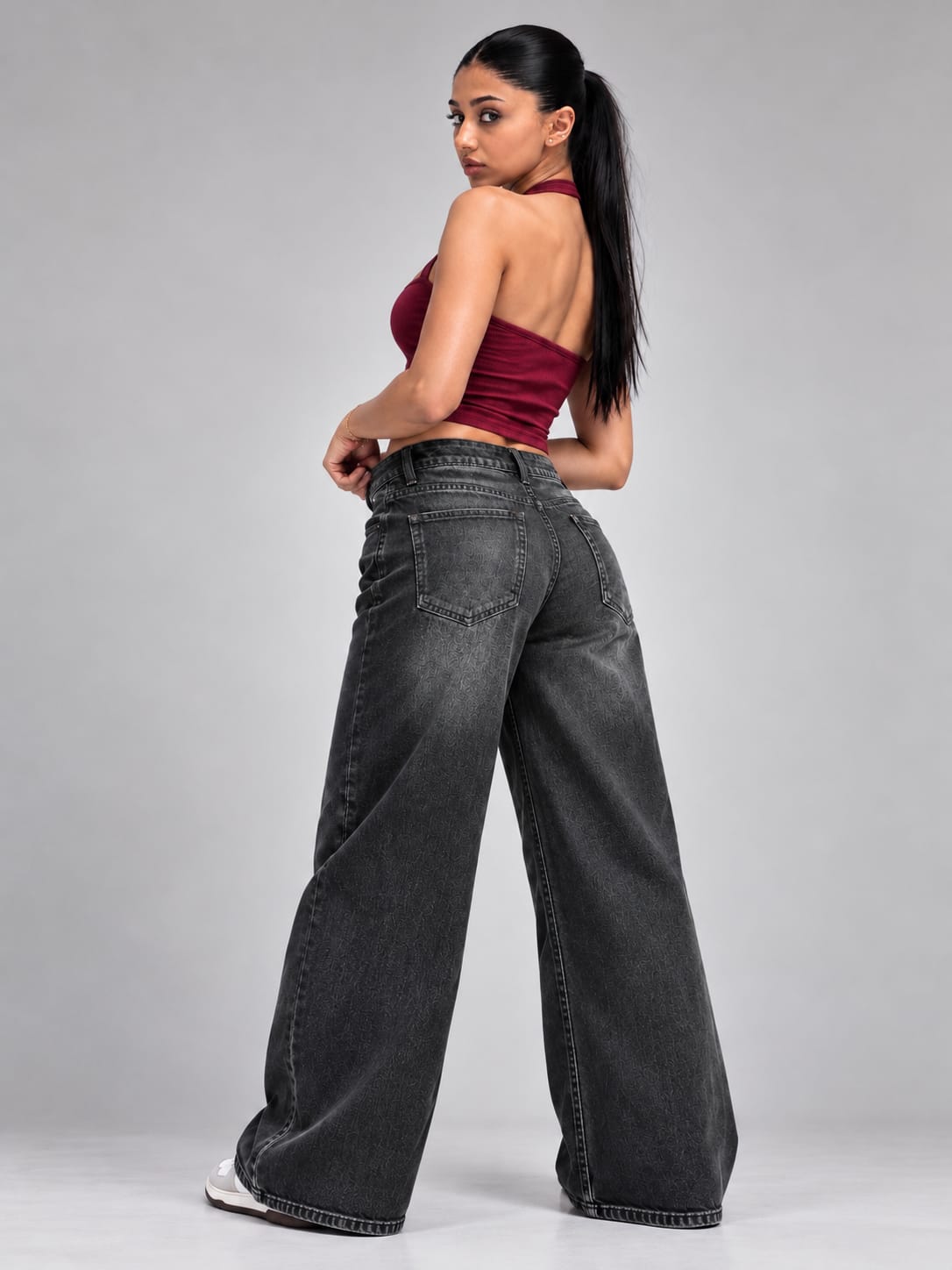 THOT Women's Wide Leg Black Acidwash Premium Denim Jeans