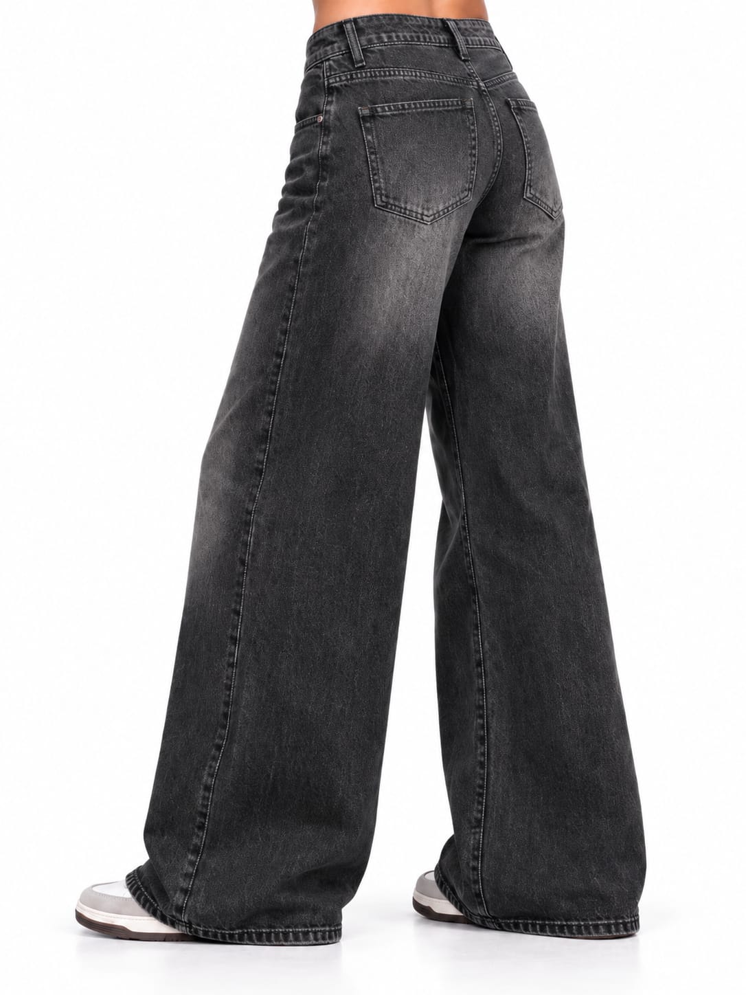 THOT Women's Wide Leg Black Acidwash Premium Denim Jeans