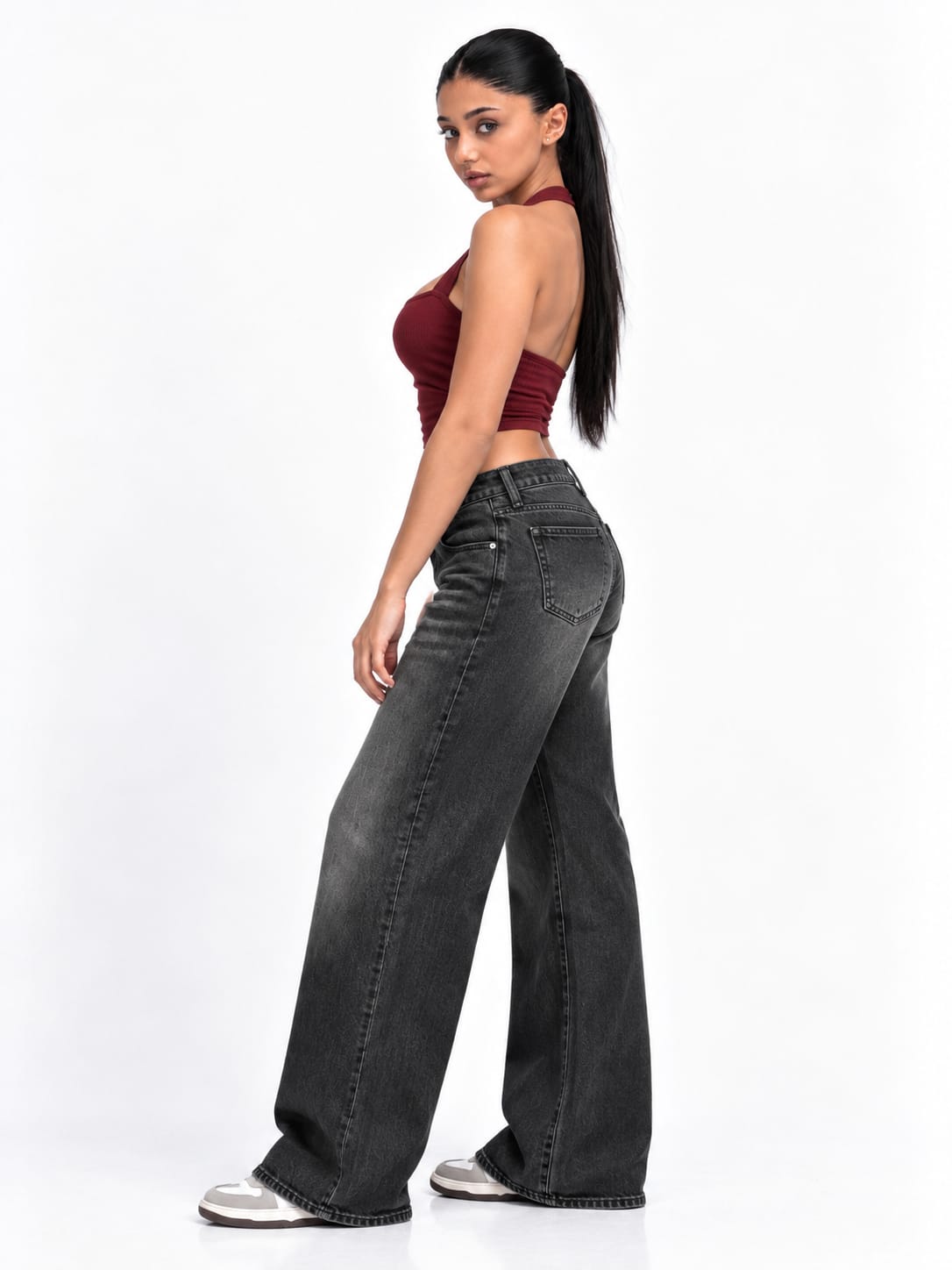 THOT Women's Wide Leg Black Acidwash Premium Denim Jeans