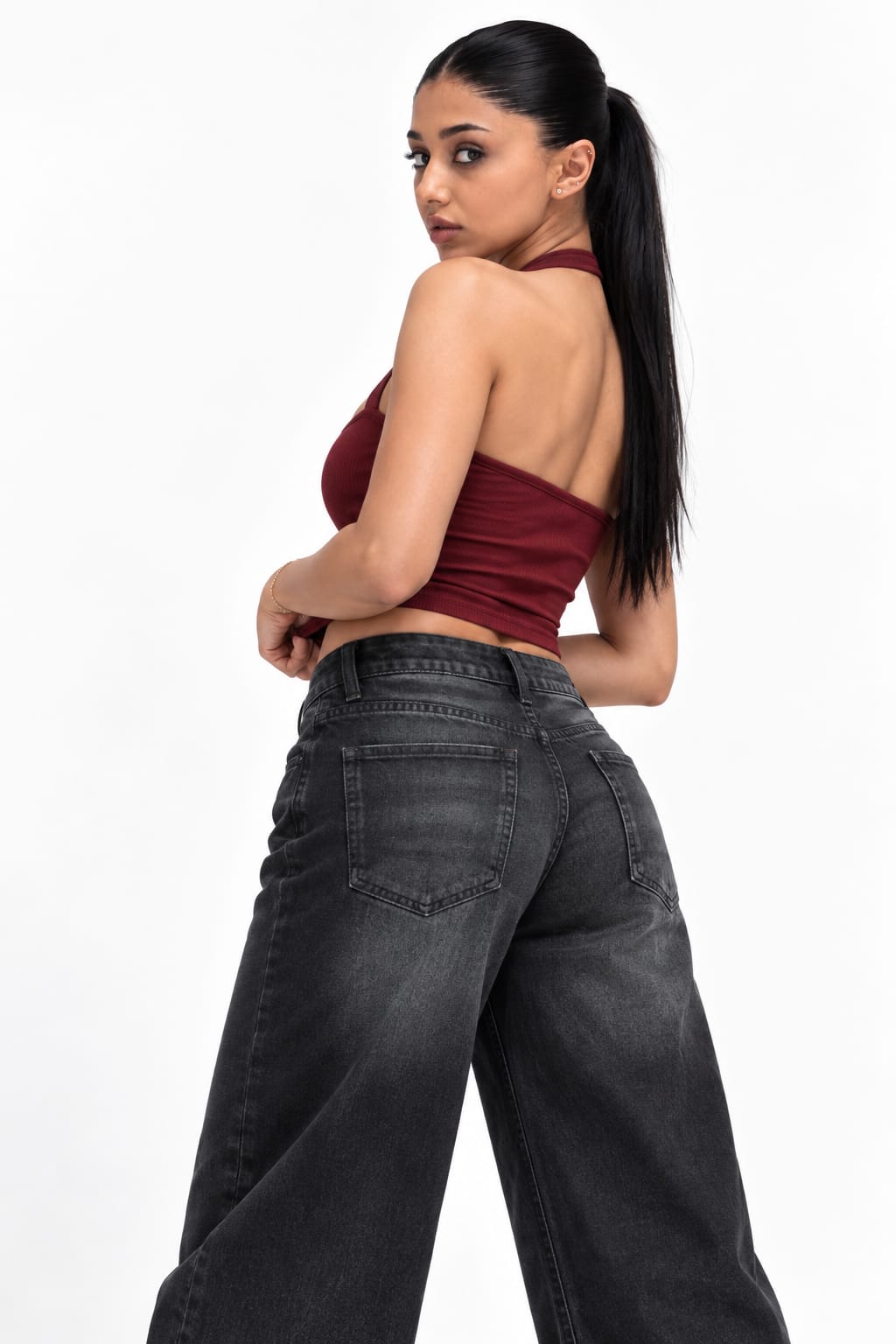 THOT Women's Wide Leg Black Acidwash Premium Denim Jeans