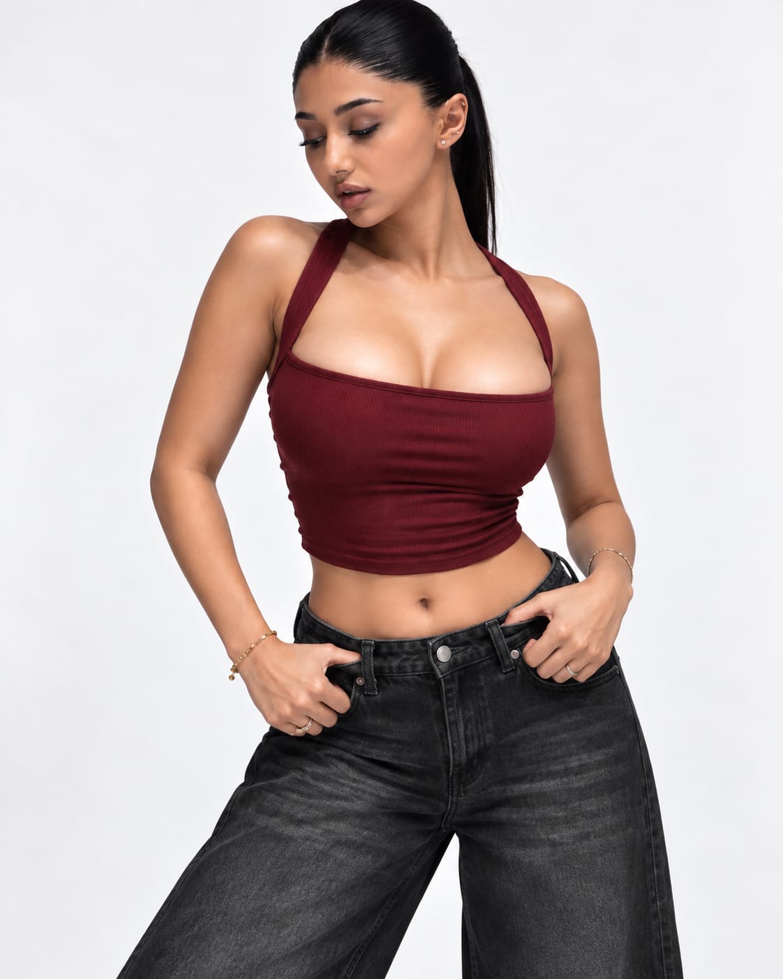 THOT Women's Wide Leg Black Acidwash Premium Denim Jeans