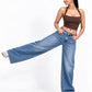 THOT Women's Wide Leg Blue Acidwash Premium Denim Jeans