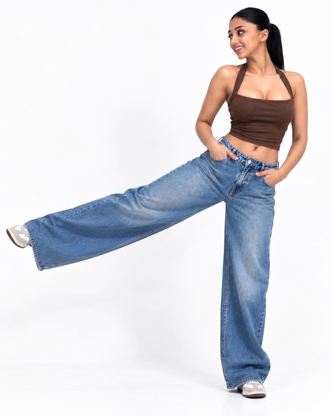 THOT Women's Wide Leg Blue Acidwash Premium Denim Jeans