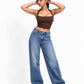 THOT Women's Wide Leg Blue Acidwash Premium Denim Jeans
