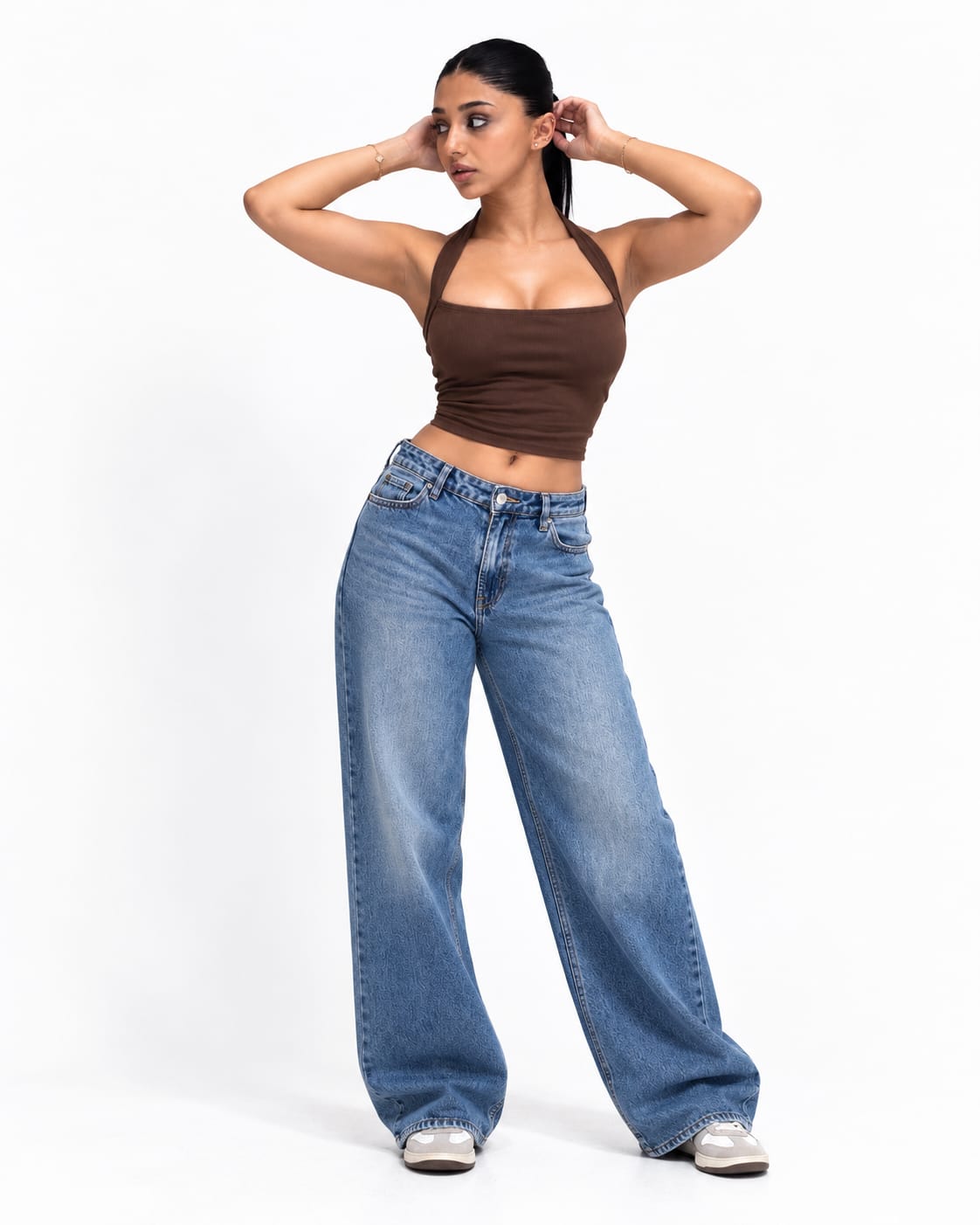 THOT Women's Wide Leg Blue Acidwash Premium Denim Jeans