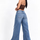 THOT Women's Wide Leg Blue Acidwash Premium Denim Jeans