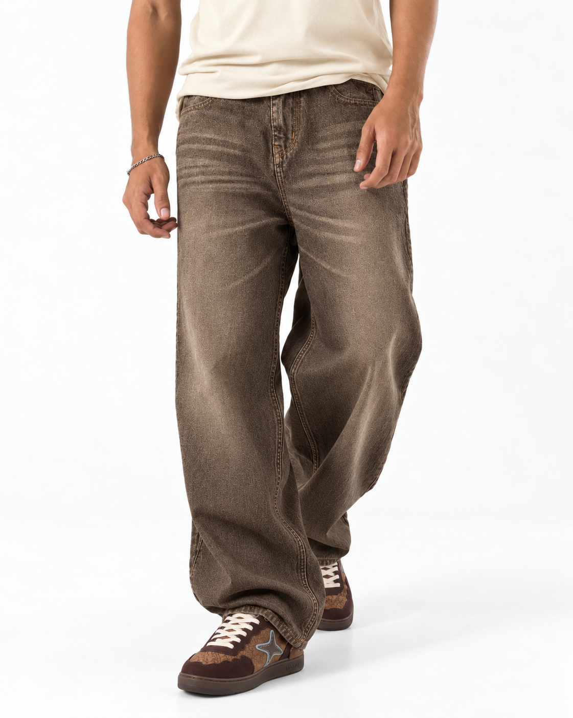 THOT Men's Wide Leg Brown Acidwash Premium Denim Jeans