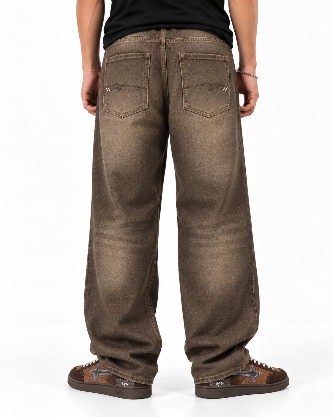 THOT Men's Wide Leg Brown Acidwash Premium Denim Jeans