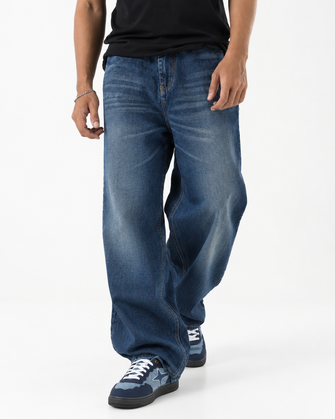 THOT Men's Wide Leg Navy Acidwash Premium Denim Jeans