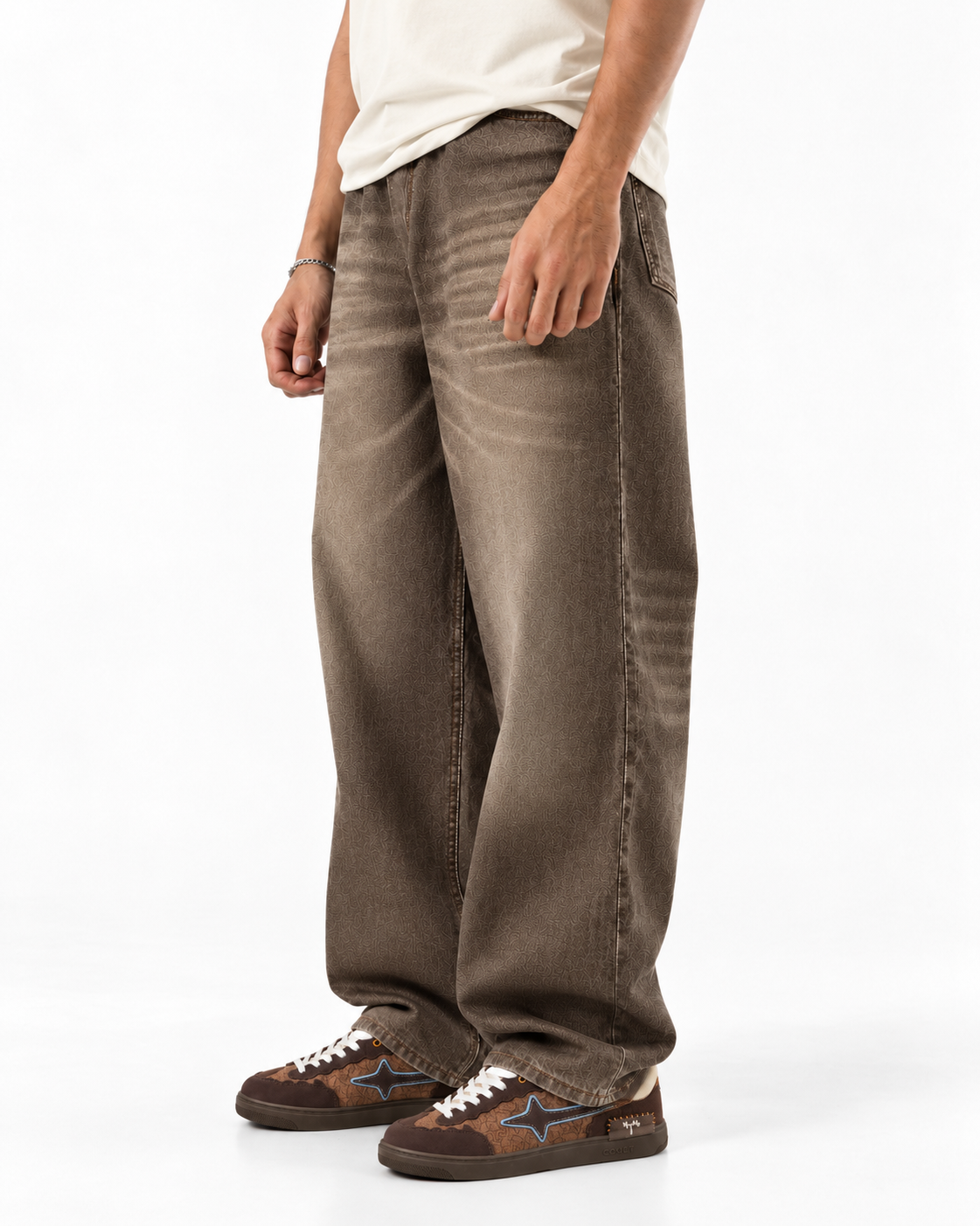 THOT Men's Wide Leg Brown Acidwash Premium Denim Jeans