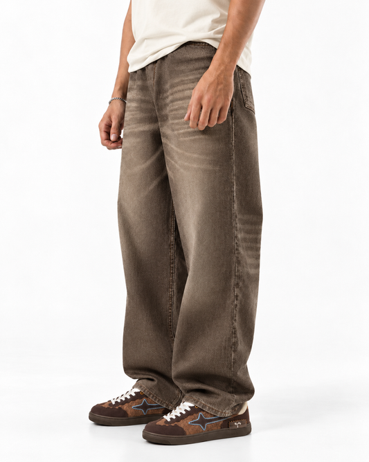 THOT Men's Wide Leg Brown Acidwash Premium Denim Jeans