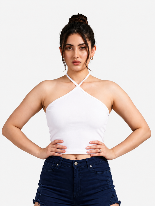 Women's White Ribbed Cross Halter Neck Tank Top