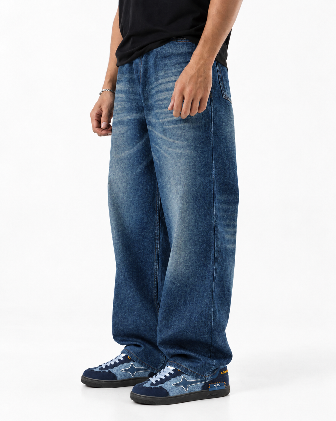 THOT Men's Wide Leg Navy Acidwash Premium Denim Jeans