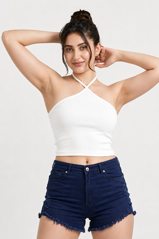 Women's White Ribbed Cross Halter Neck Tank Top