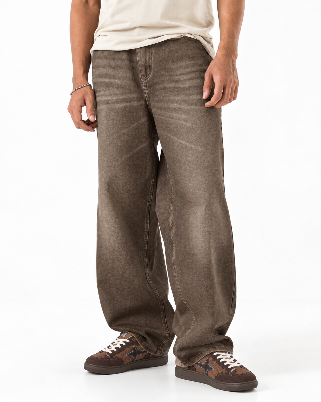 THOT Men's Wide Leg Brown Acidwash Premium Denim Jeans