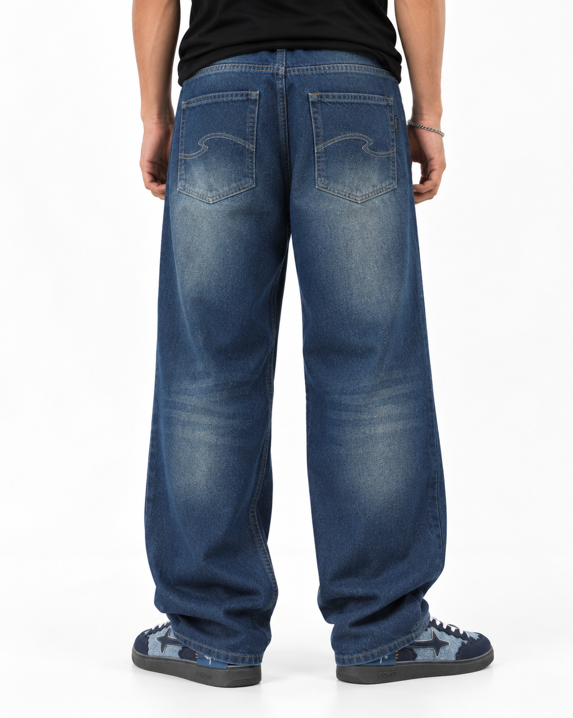 THOT Men's Wide Leg Navy Acidwash Premium Denim Jeans