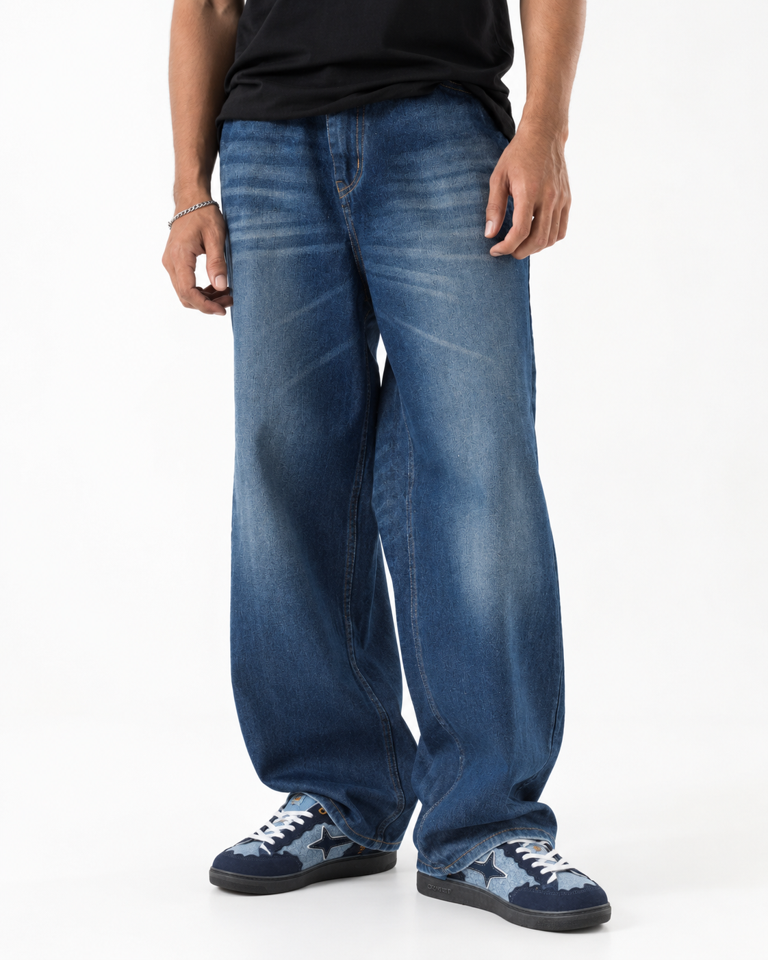 THOT Men's Wide Leg Navy Acidwash Premium Denim Jeans