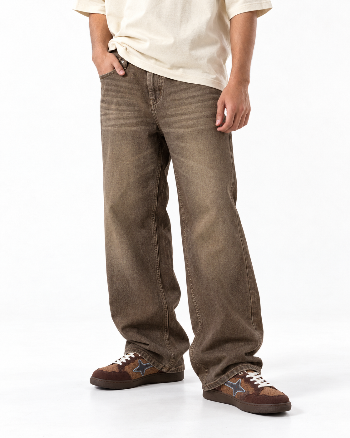 THOT Men's Wide Leg Brown Acidwash Premium Denim Jeans